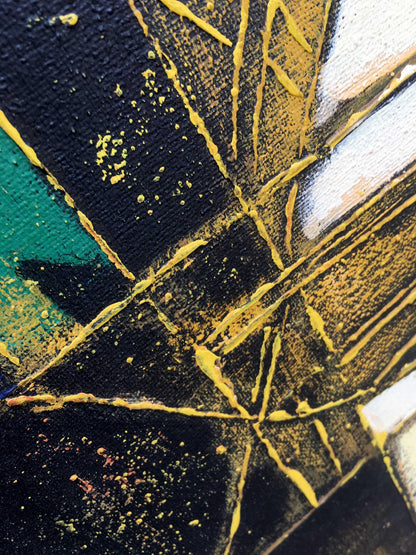 Oil painting Abstraction Vasily Didyk with bold black yellow teal impasto brushstrokes