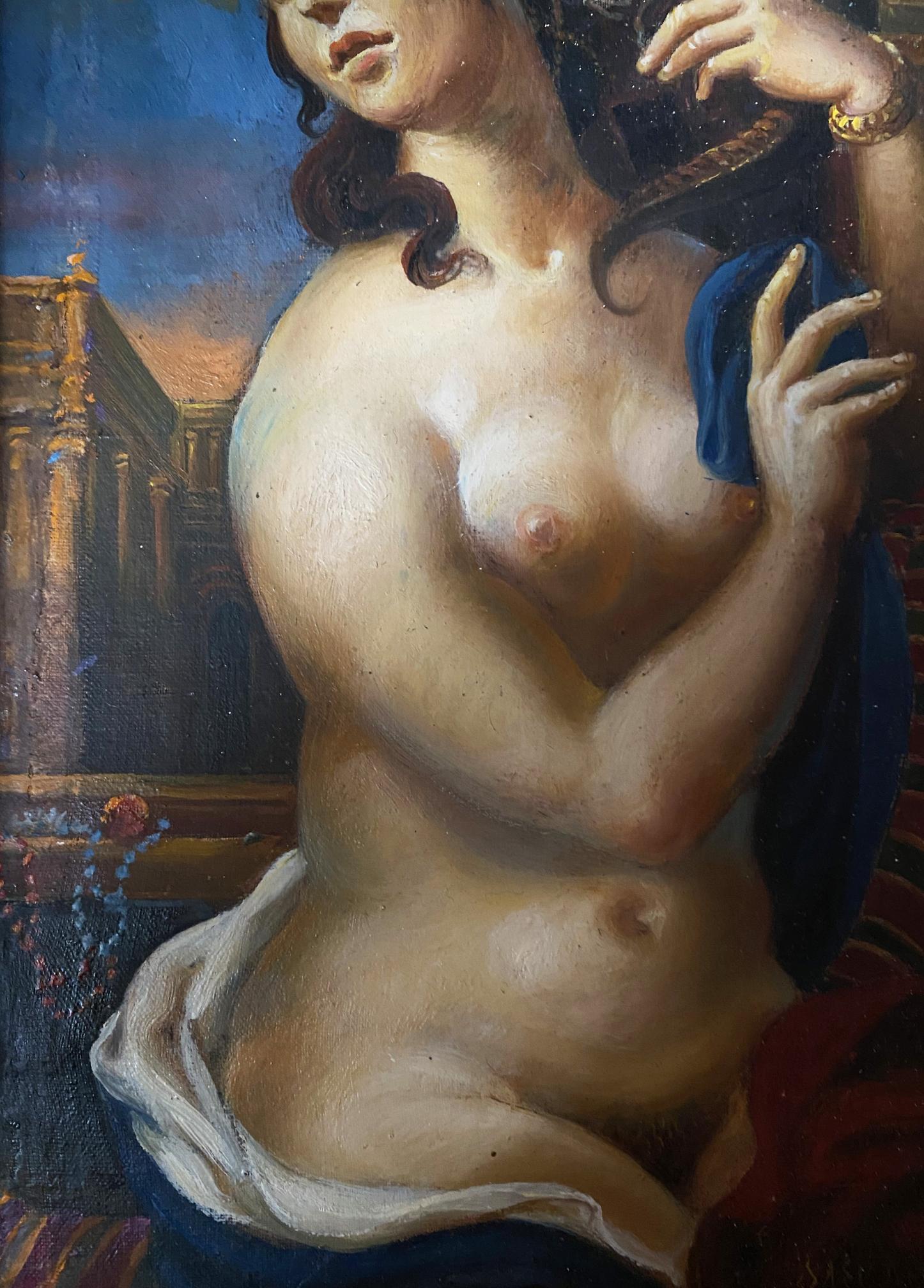 Oil painting by Margarita Litvinov Oleg Arkad’yevich of nude woman in white blue fabric