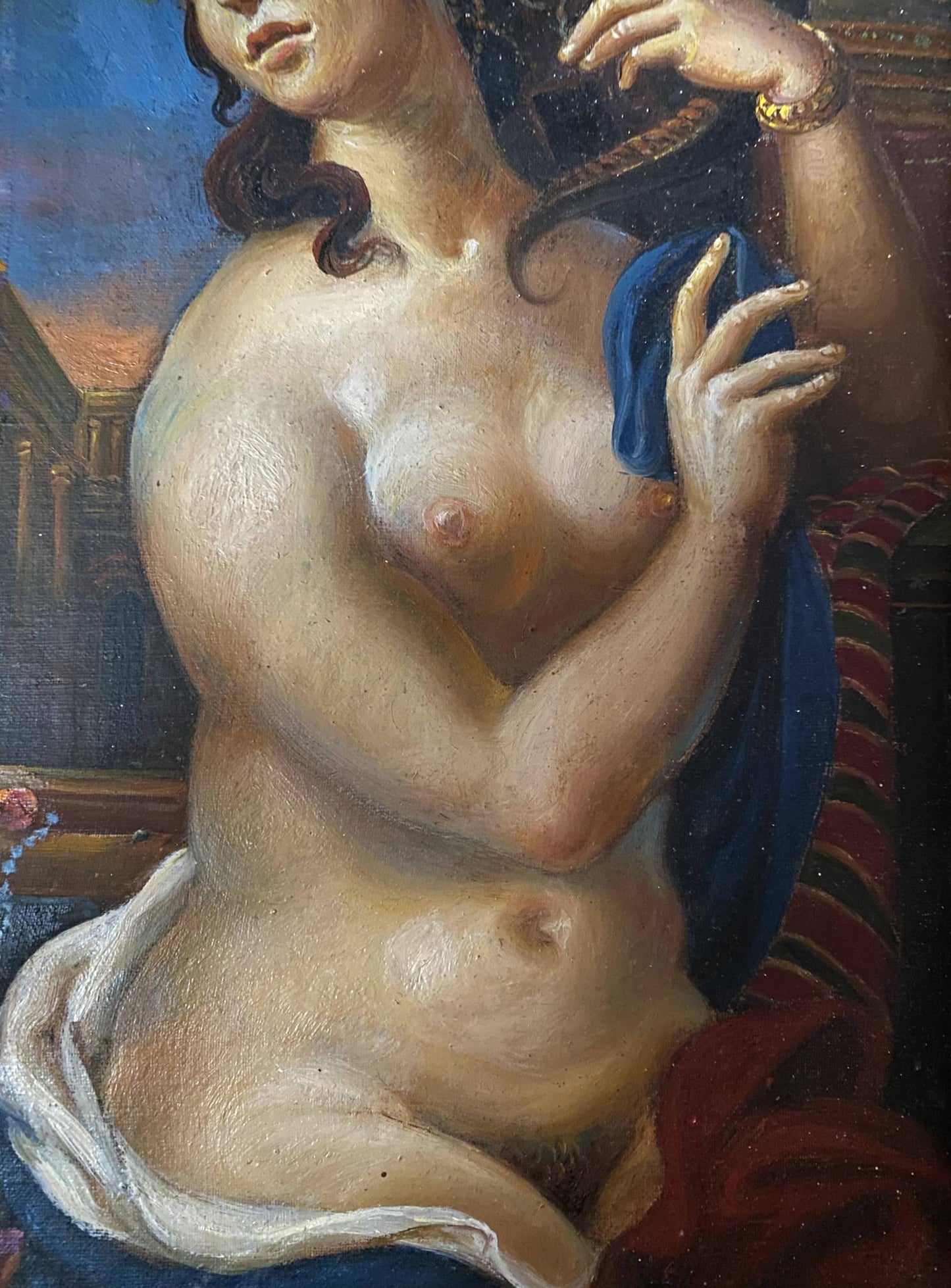 Classical oil painting by Oleg Arkad’yevich Margarita Litvinov of nude woman in blue fabric