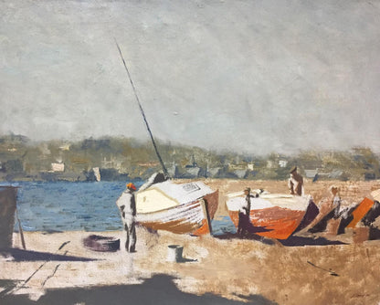 Oil painting by Alexey Fedorovich Vlasov: boats on sandy shore