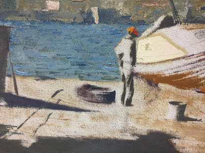 Oil painting by Alexey Fedorovich Vlasov: figure in white hat by boat on blue water