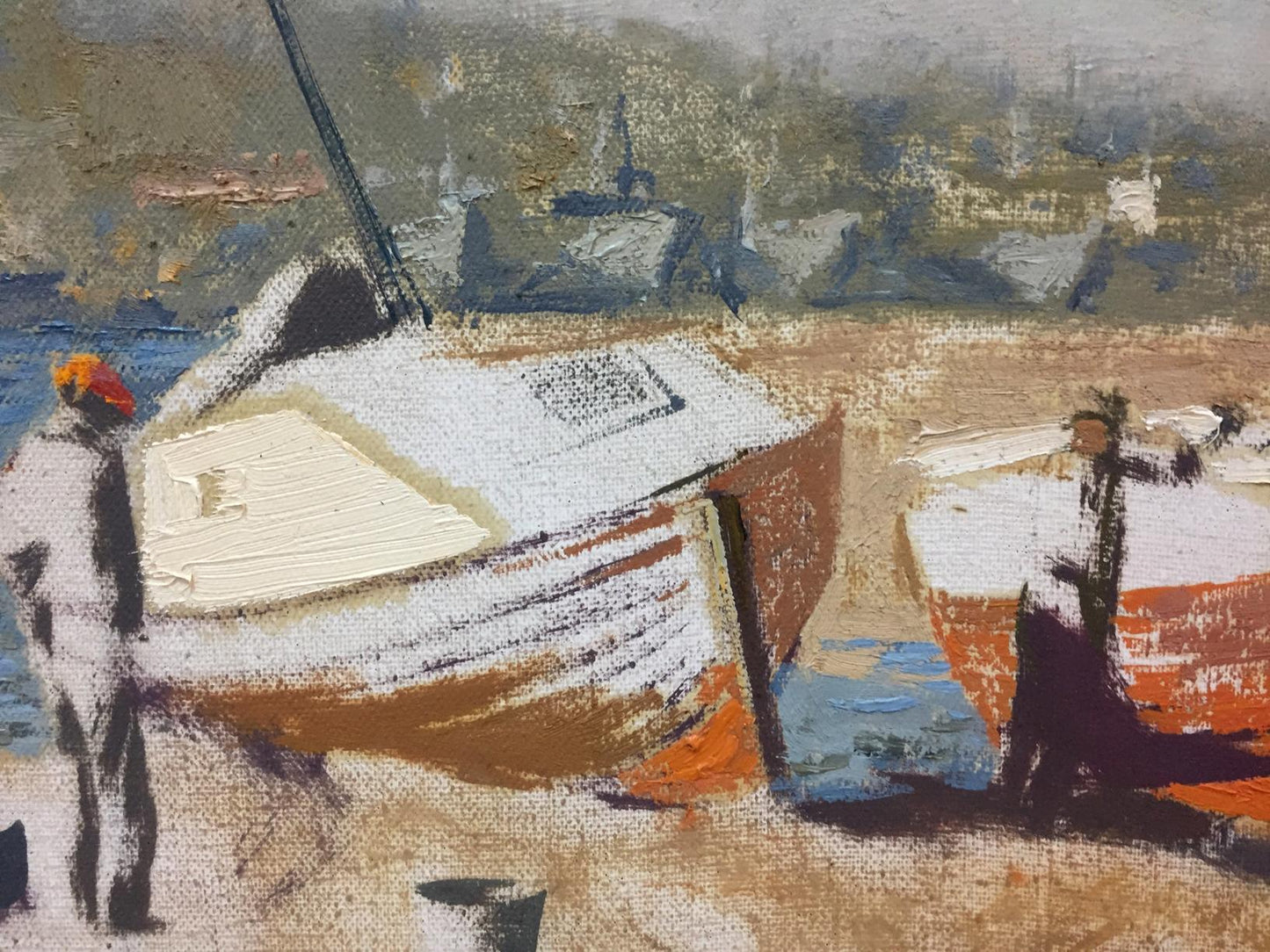 Oil painting by Alexey Fedorovich Vlasov: striped boat on shore