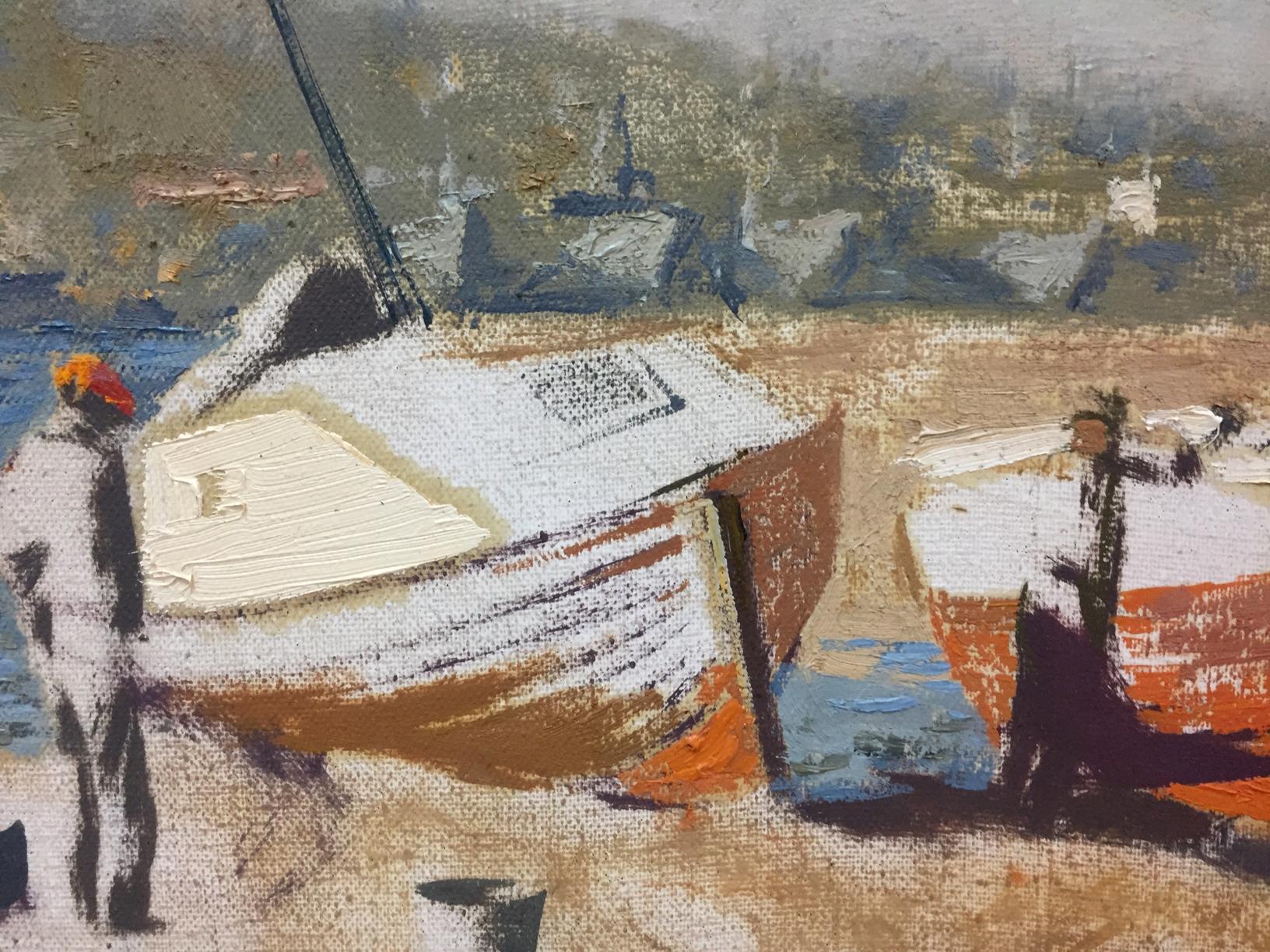 Oil painting by Alexey Fedorovich Vlasov: striped boat on shore