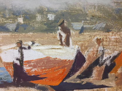 Impressionistic oil painting of orange white boat by Alexey Fedorovich Vlasov