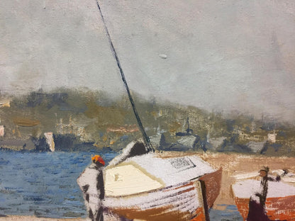 Oil painting of weathered wooden boat with white orange paint tall black mast by Alexey Fedorovich Vlasov