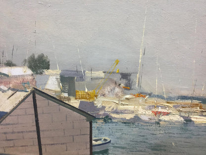 Oil painting On the Sea by Alexey Fedorovich Vlasov, textured harbor scene