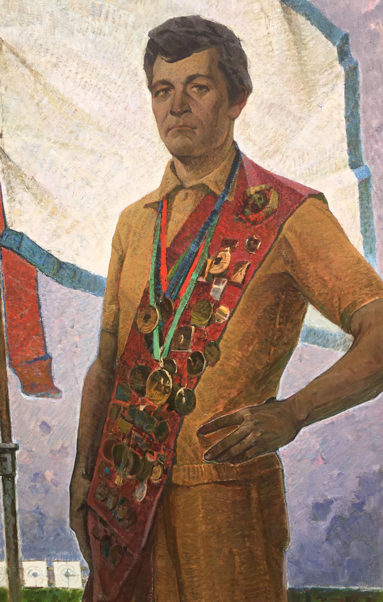 Social realism portrait of USSR master athlete Serbutovsky Andrey Andreevich in tan uniform with medals and red sash