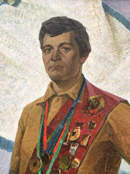 Social realism portrait of USSR master athlete Serbutovsky Andrey Andreevich