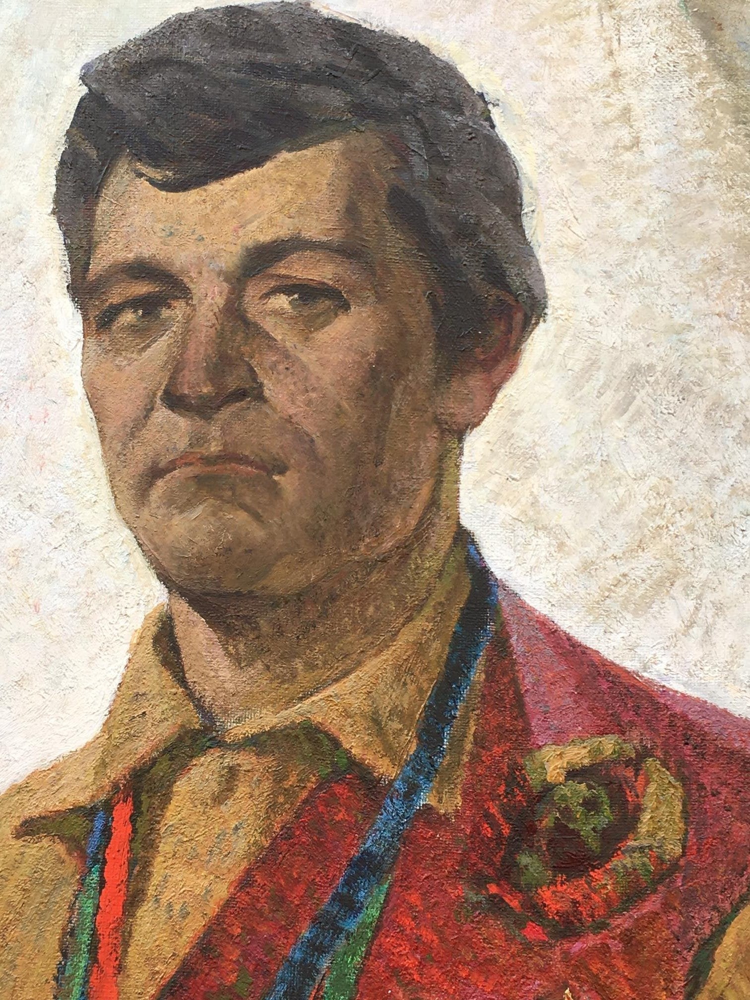 Textured oil painting portrait of USSR master athlete Serbutovsky Andrey Andreevich in red jacket