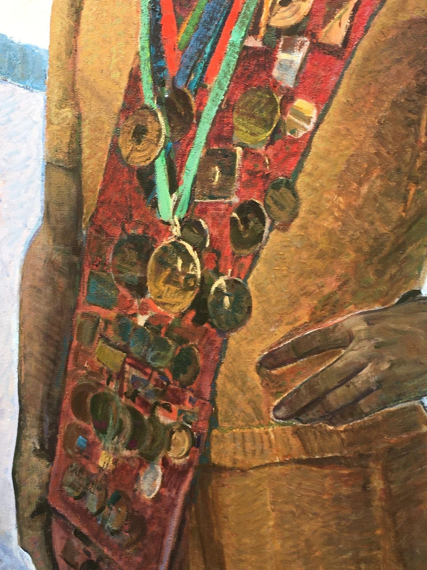 Social realism portrait of USSR master athlete Serbutovsky Andrey Andreevich with red sash and gold medals