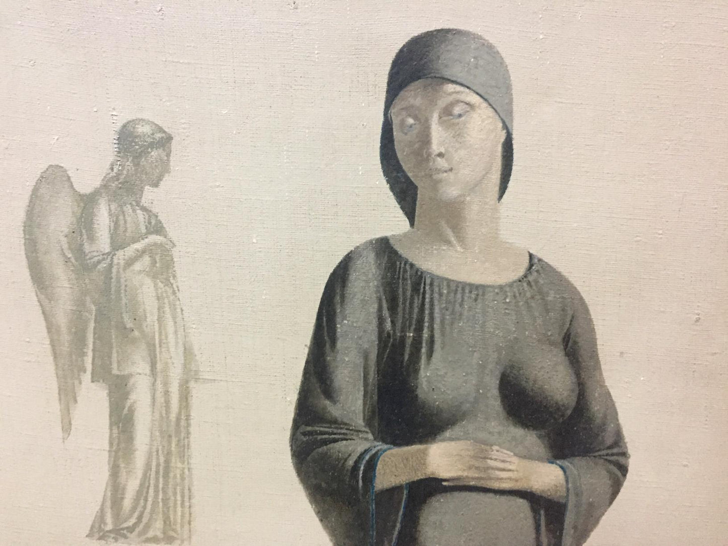 Monochrome oil painting Expectation by Alexey Fedorovich Vlasov, woman hands on belly