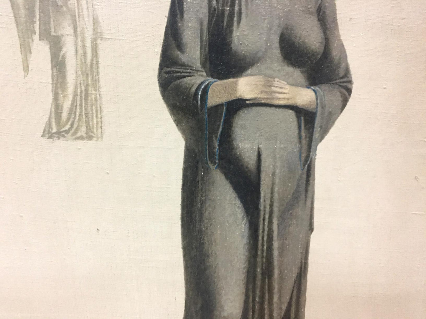 Oil painting Expectation by Alexey Fedorovich Vlasov: pregnant woman in robe