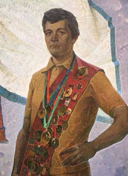 Portrait of USSR master of sports Serbutovsky Andrey Andreevich in tan shirt with red medal sash