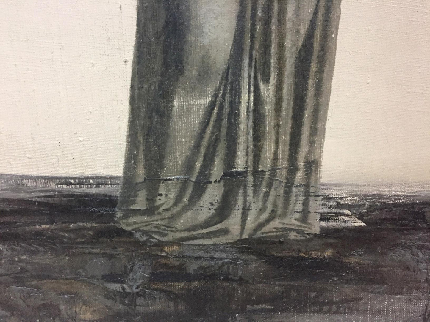 Textured dark gray fabric drape in Vlasov Expectation oil painting