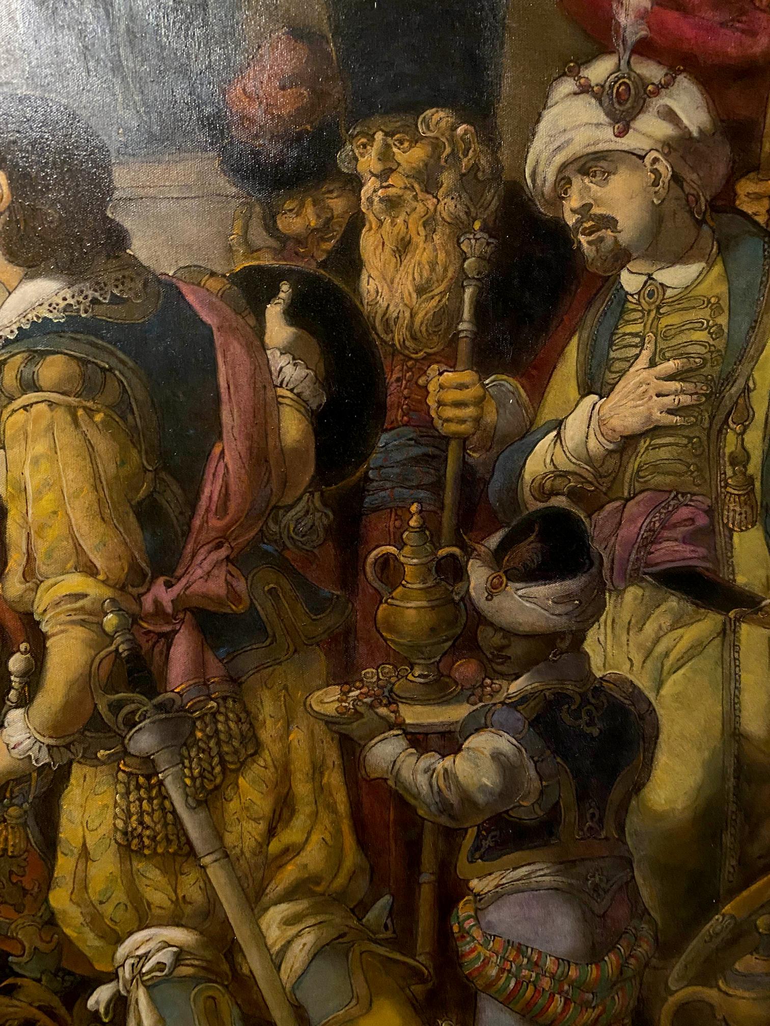 Oil painting of golden ornate pitcher held by figure in historical attire by Litvinov Oleg Arkad’yevich