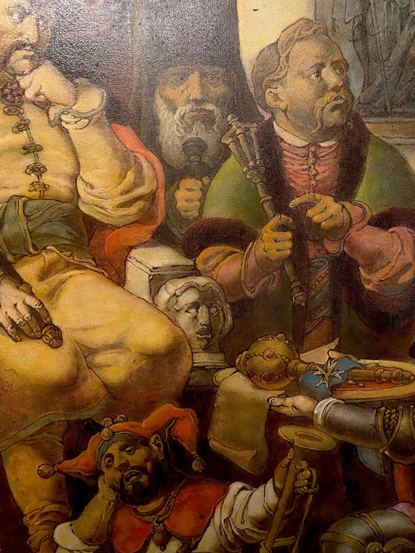 Oil painting by Litvinov Oleg Arkad’yevich: men in elaborate attire, one in green and red