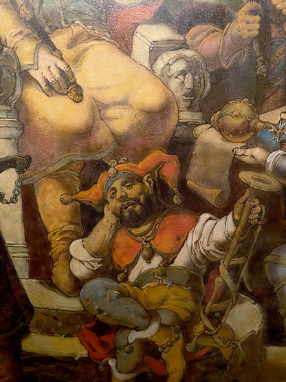 Oil painting by Oleg Arkad’yevich Litvinov: Jester in orange attire among classical figures
