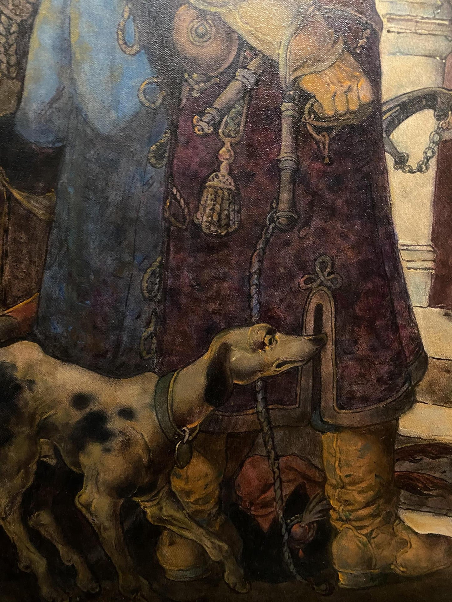 Dalmatian with black spots and green collar beside figure in ornate purple-blue attire, oil painting by Litvinov Oleg Arkad’yevich