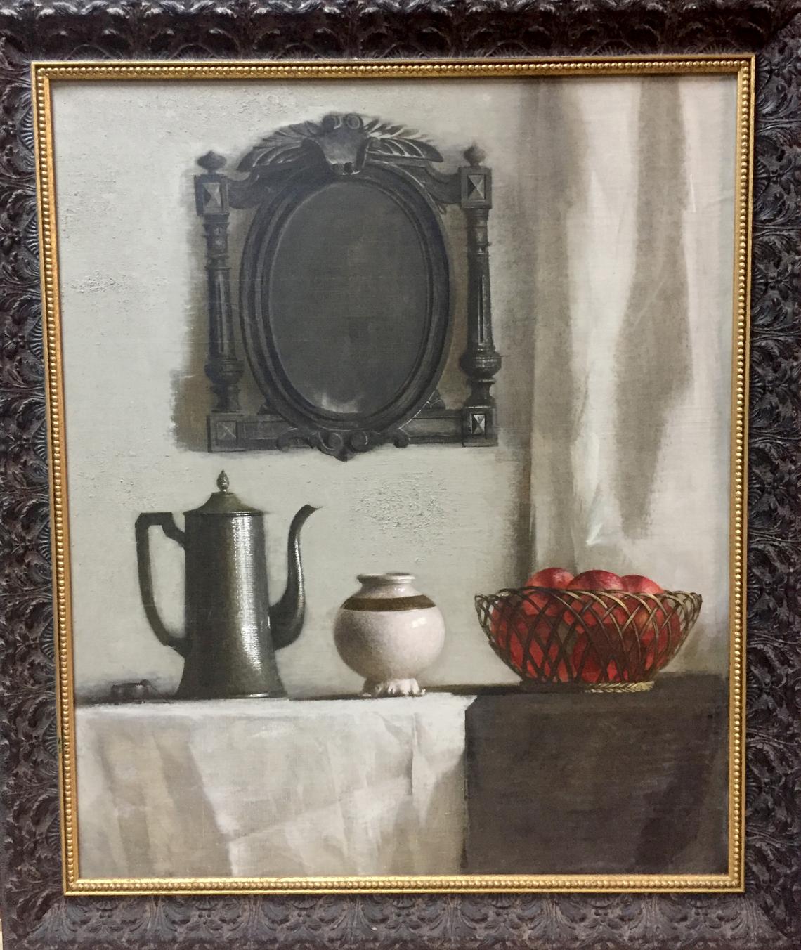 Oil painting Still life with apple by Alexey Fedorovich Vlasov in ornate mirror