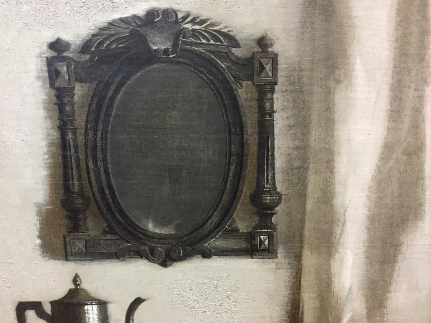 Ornate black-framed oval mirror reflecting Vlasov still life oil painting