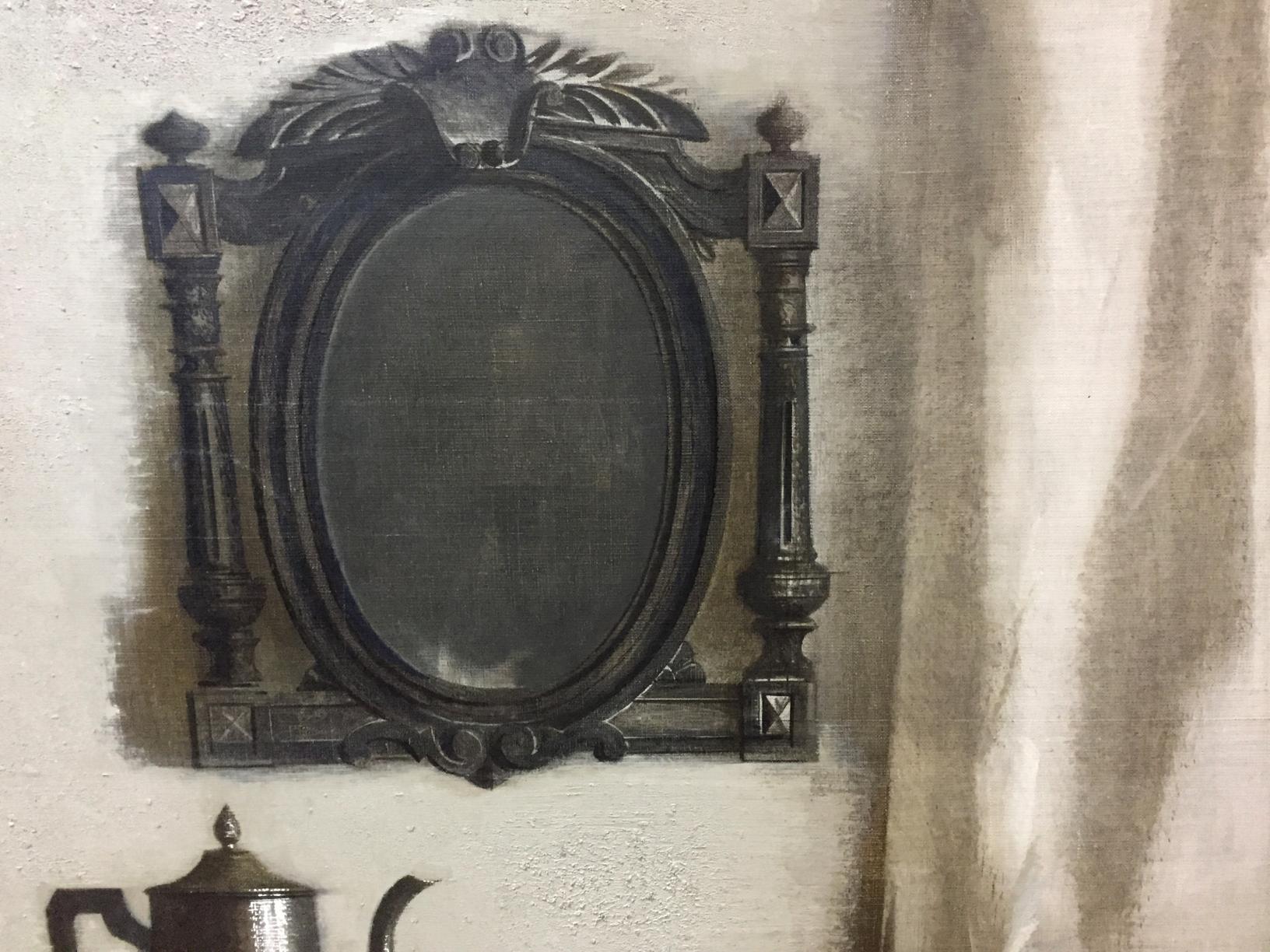 Ornate black-framed oval mirror reflecting Vlasov still life oil painting