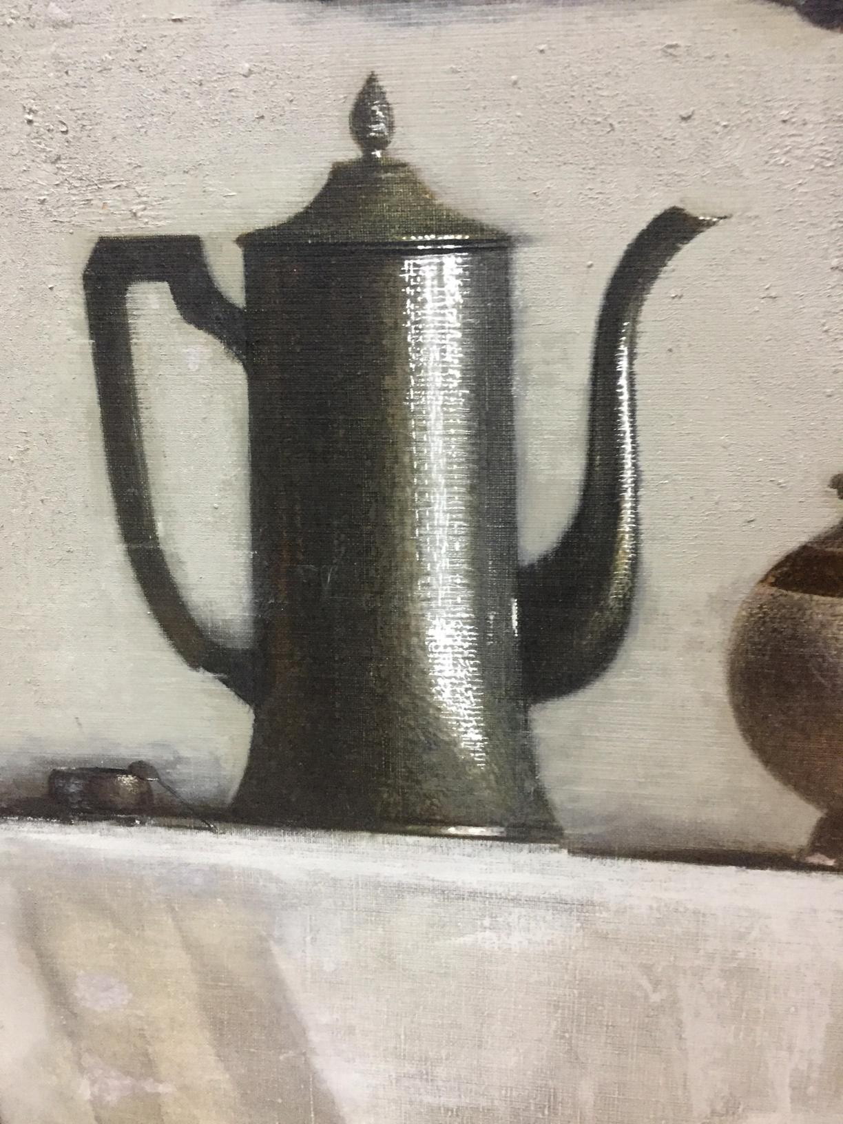 Vintage silver coffee pot in Alexey Fedorovich Vlasov apple still life oil painting
