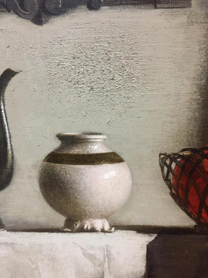 Round off-white ceramic jar with brown band in Vlasov still life painting