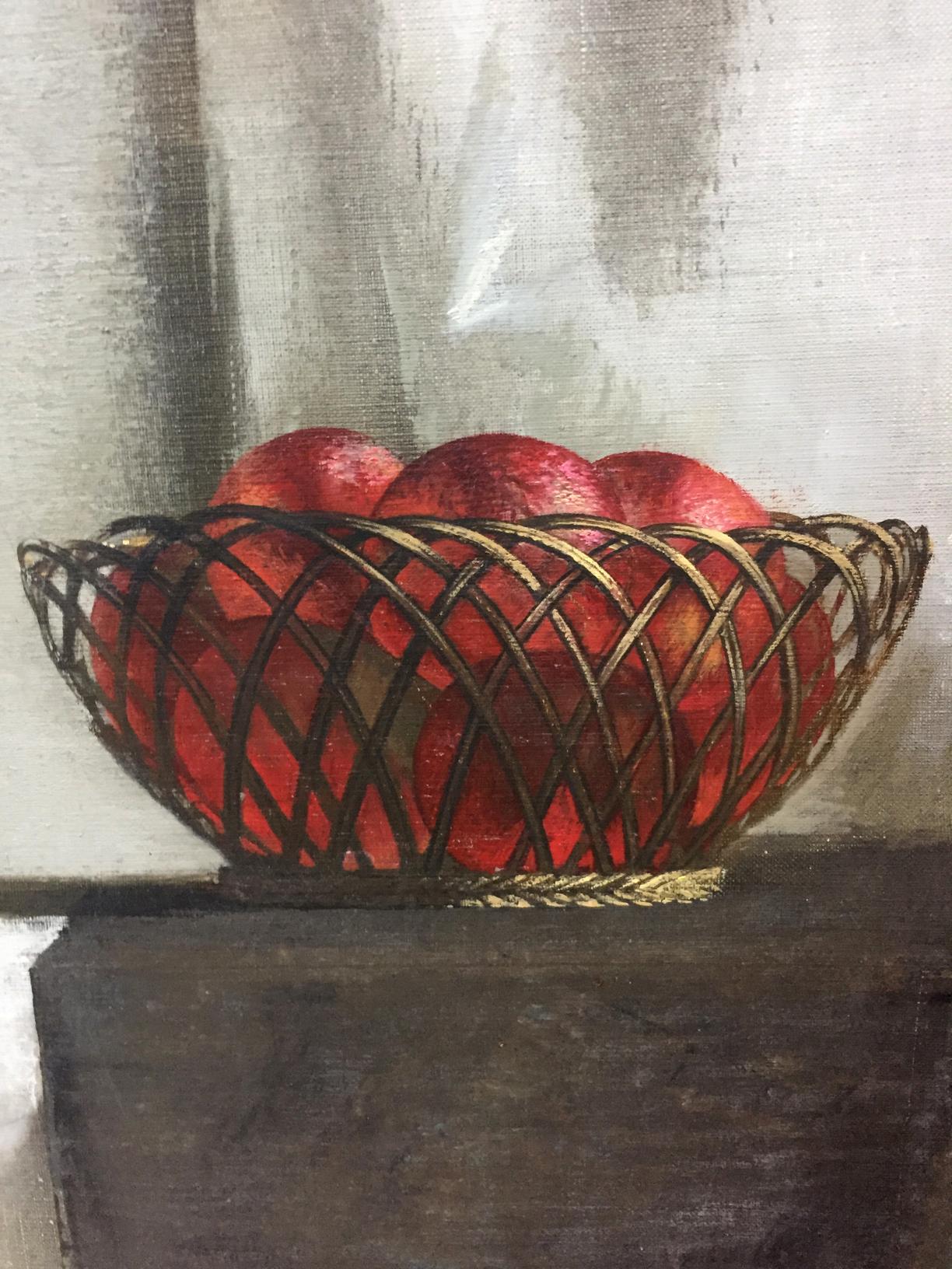 Oil painting of woven basket with red apples by Alexey Fedorovich Vlasov