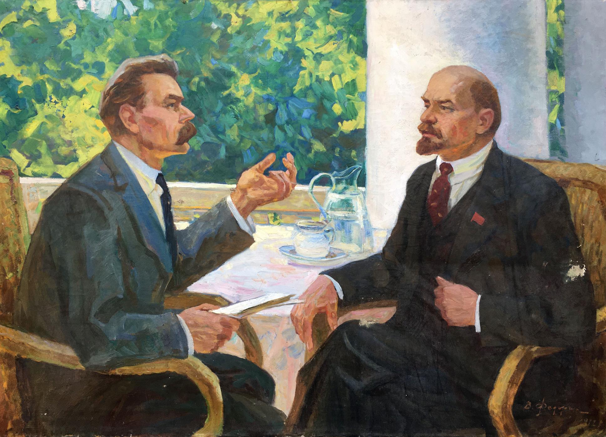 Social realism oil painting of Lenin and Gorky at tea by Fedorchuk