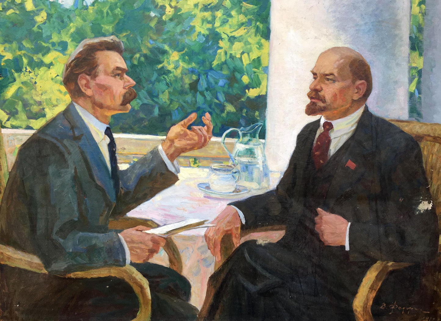 Social realism oil painting of Lenin and Gorky at tea by Fedorchuk