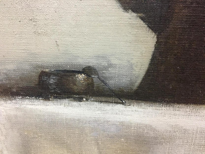 Back of dark textured oil painting Still life with apple by Alexey Fedorovich Vlasov