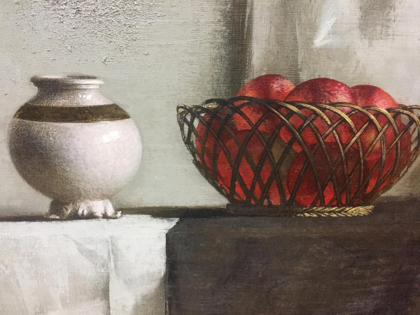 White ceramic jar with brown band in Vlasov still life oil painting