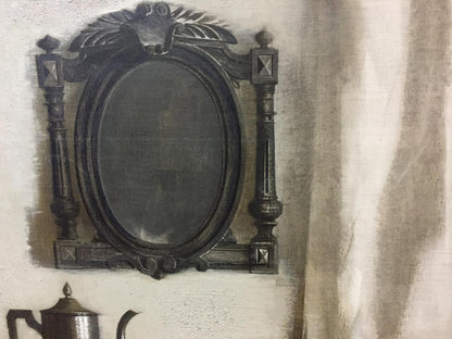 Ornate black-framed oval mirror reflecting Vlasov apple still life painting