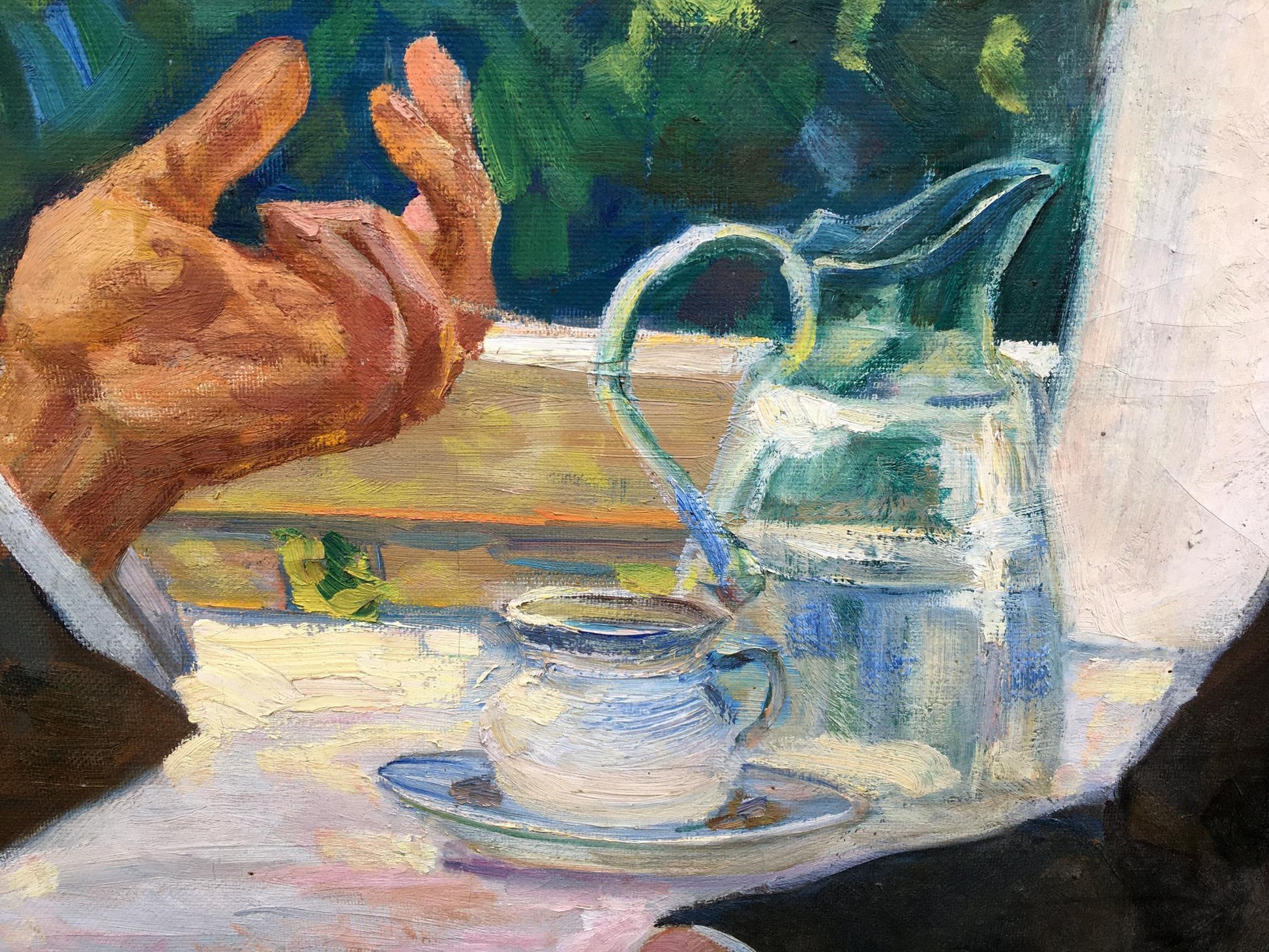 White ceramic teacup with blue rim on saucer, Social realism Lenin Gorky painting