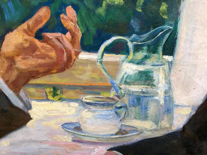 White ceramic teacup with blue rim on saucer, Social realism Lenin Gorky painting