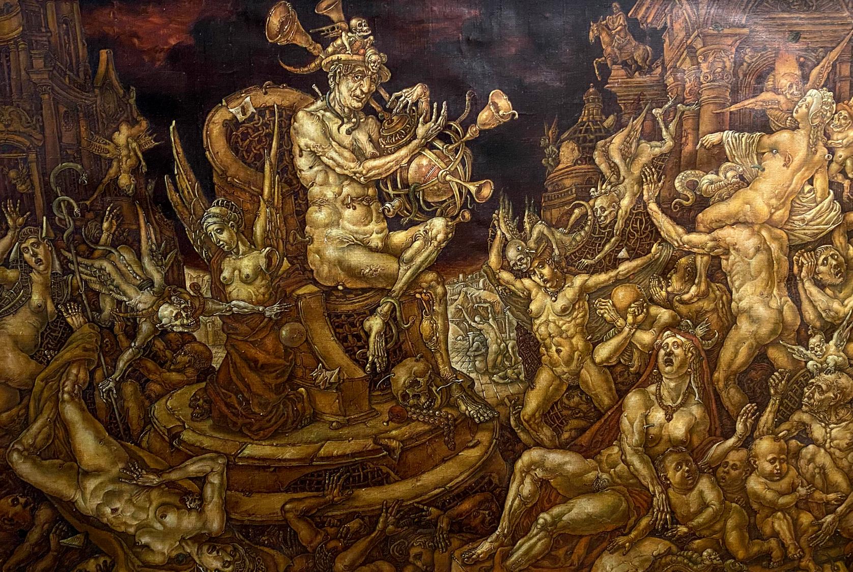 Oil painting Death Triumph by Oleg Litvinov: horned muscular figure playing brass instrument in surreal chaos