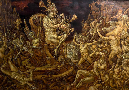 Oil painting Death triumph by Oleg Litvinov, chaotic muscular figures in gold tones