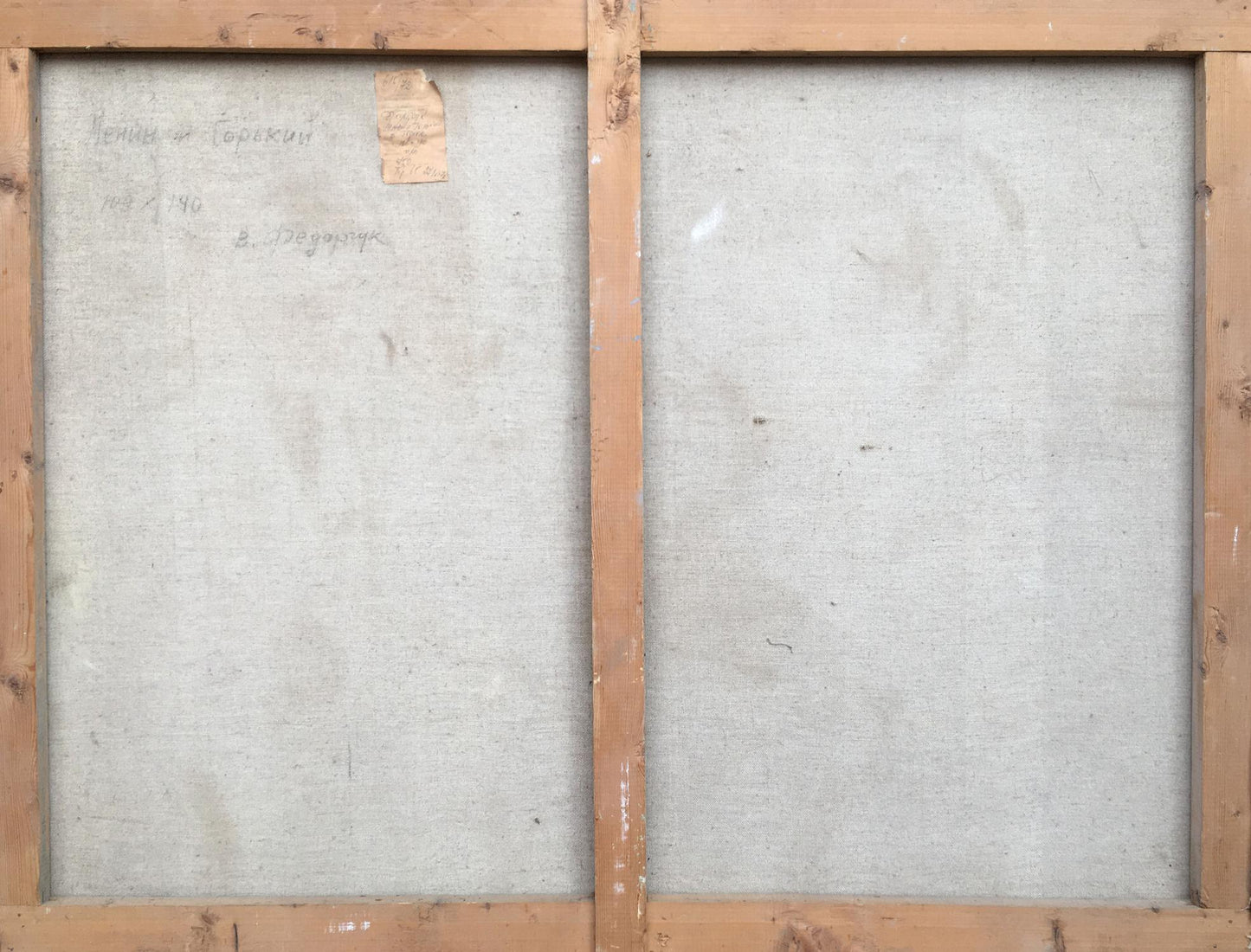 Back of wooden-framed Social realism oil painting Lenin and Gorky by Fedorchuk