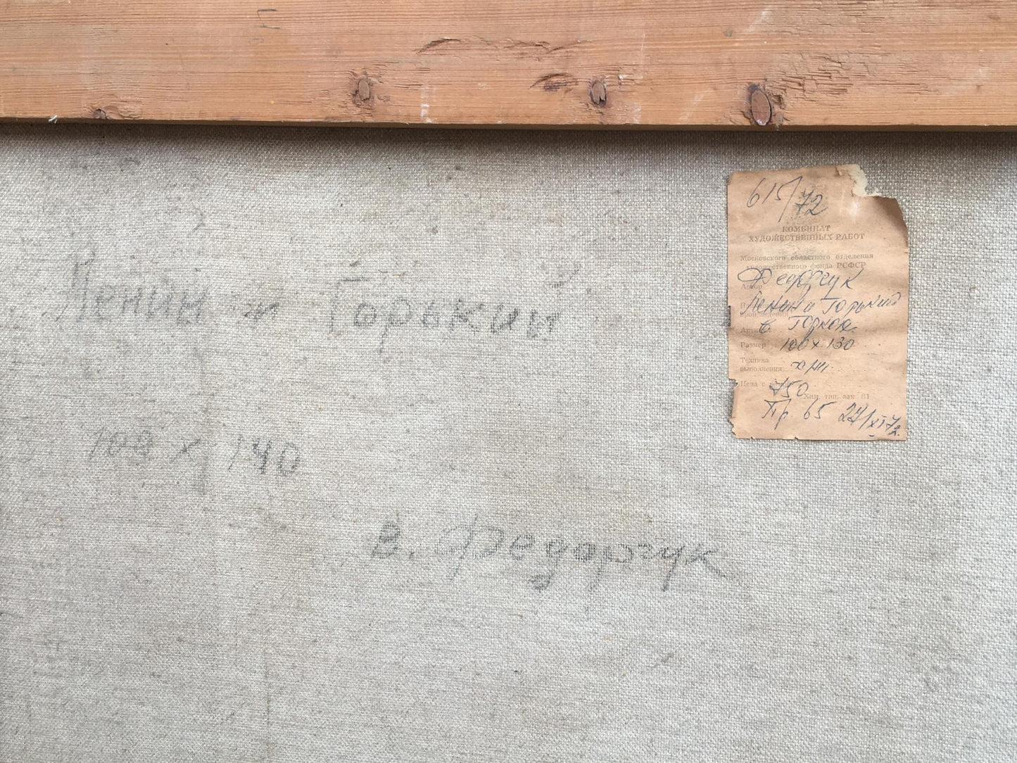 Back of framed Social realism oil painting Lenin and Gorky by Fedorchuk with aged label