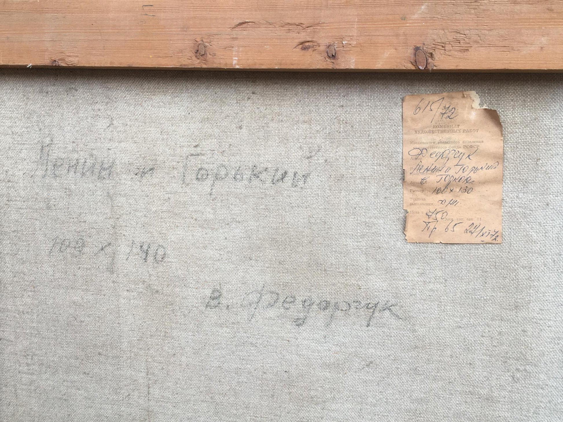 Back of framed Social realism oil painting Lenin and Gorky by Fedorchuk with aged label