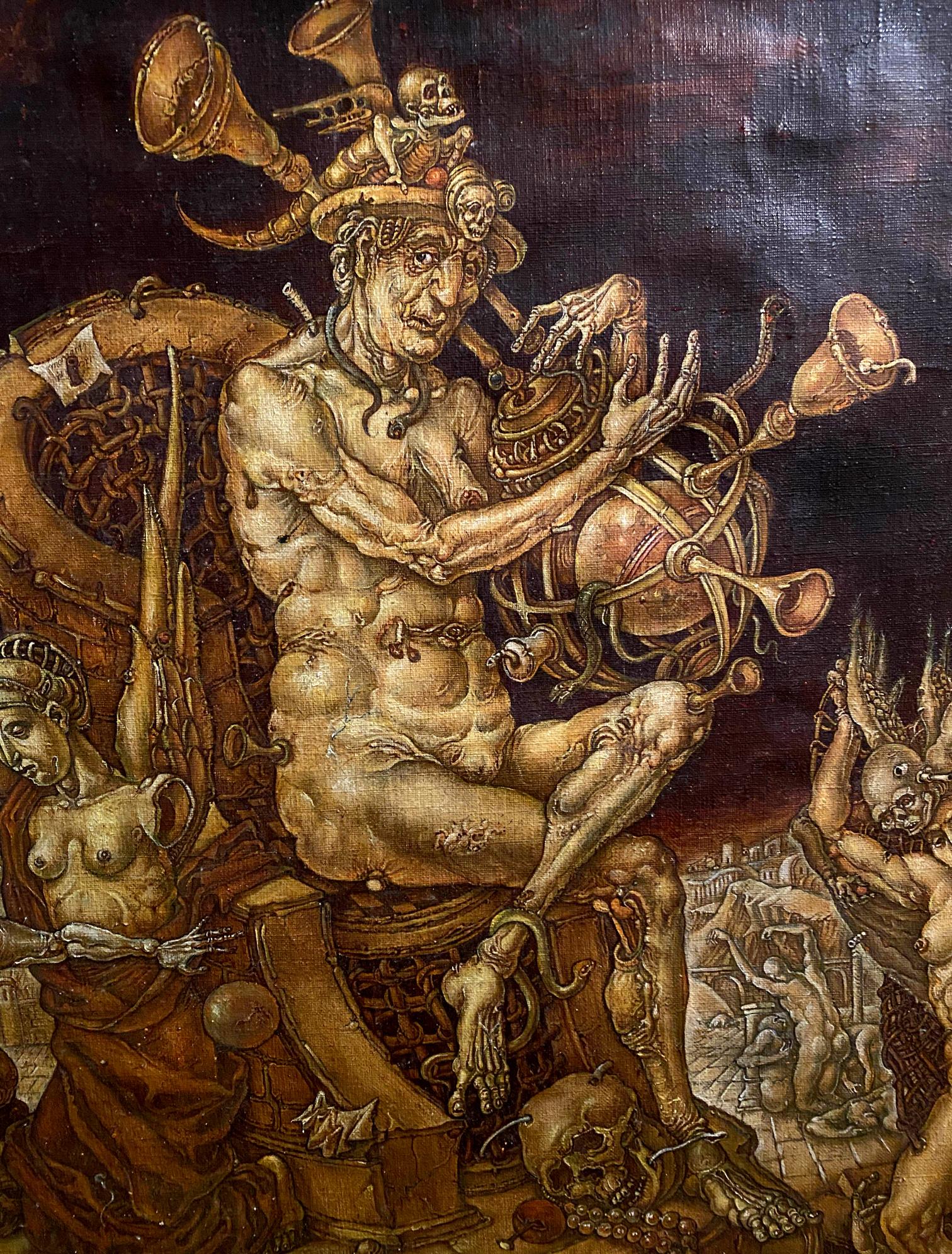 Muscular nude male with grotesque face and brass instruments on throne in Death Triumph oil painting by Oleg Litvinov