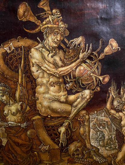 Muscular nude male with grotesque face and brass instruments on throne in Death Triumph oil painting by Oleg Litvinov
