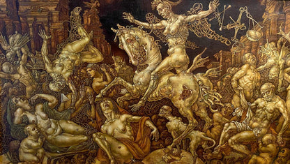 Golden-hued oil painting The celebration of death is underway by Oleg Litvinov