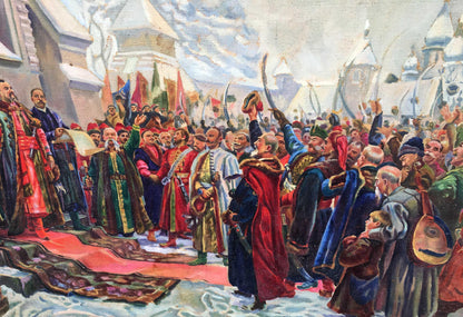 Oil painting of Ukraine R. reunification winter procession in snow