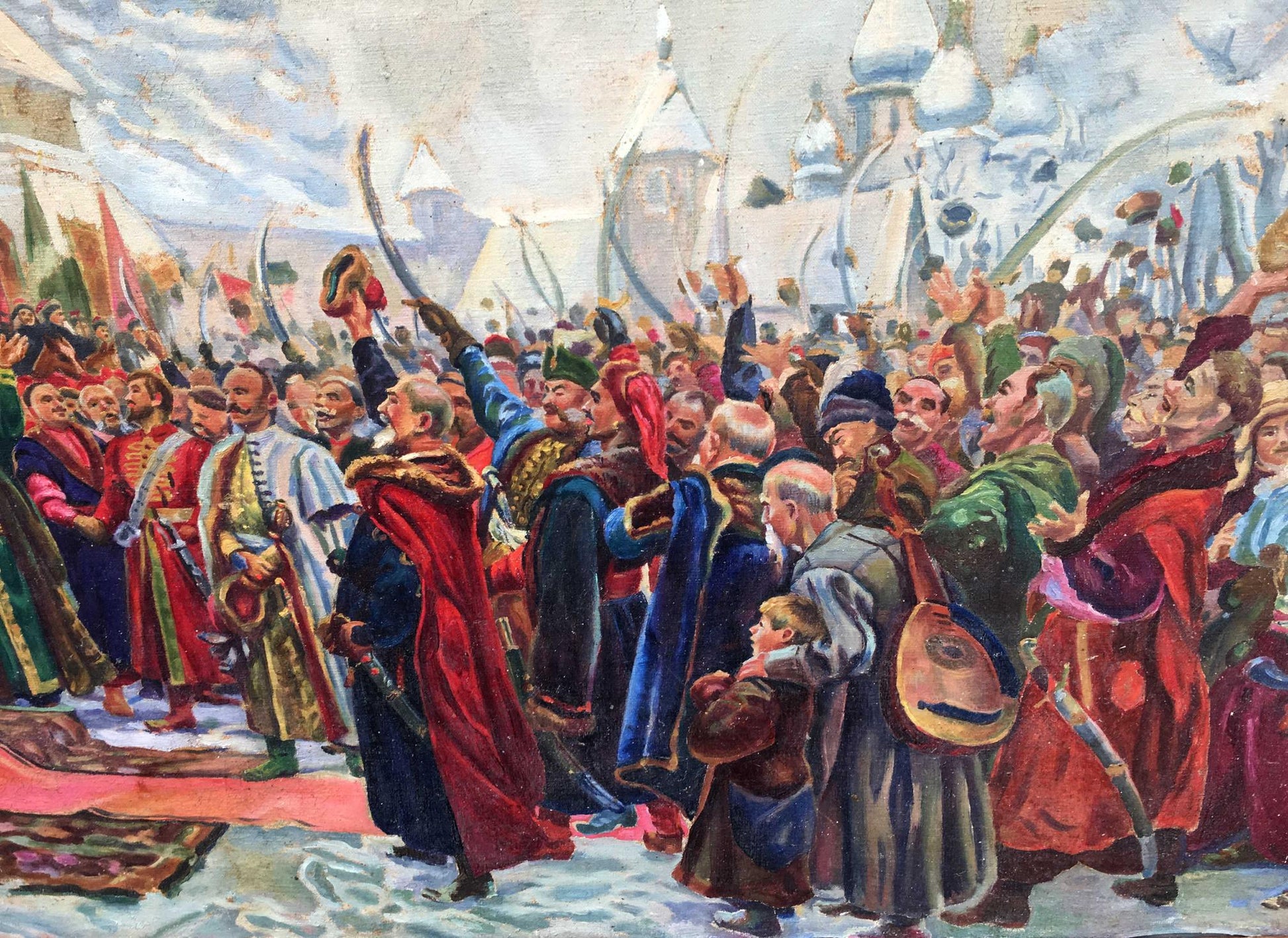 Oil painting of R.-Ukraine reunification in snowy R. gathering