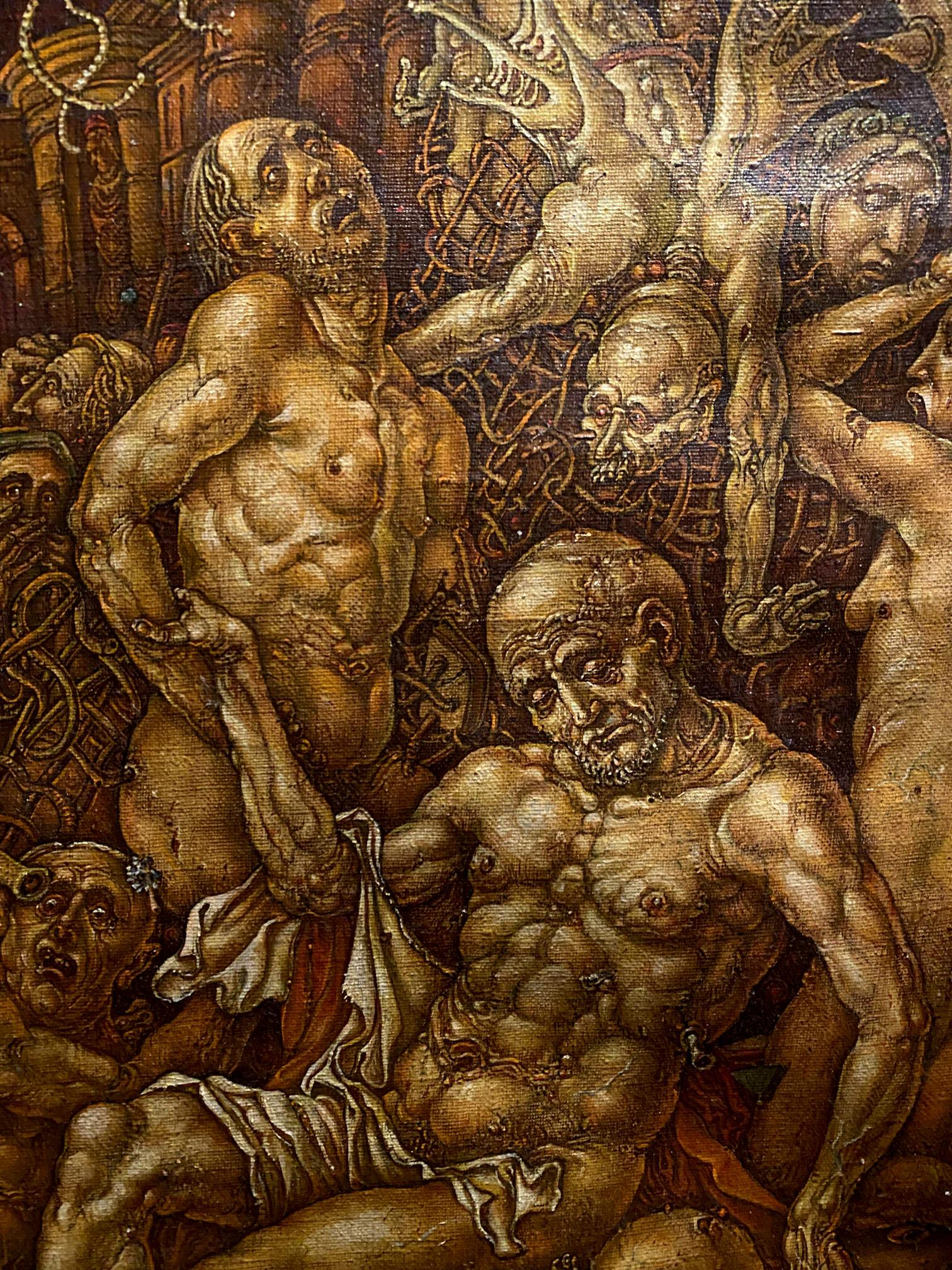 Dark textured oil painting of tormented muscular emaciated figures by Oleg Litvinov