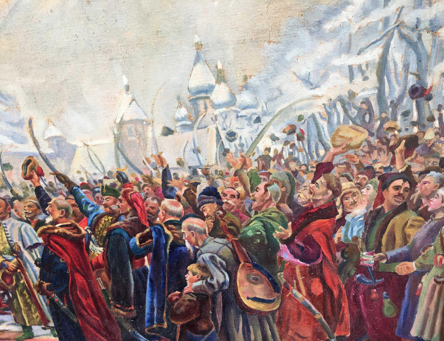 Oil painting The reunification of Ukraine and R.: festive winter R. scene