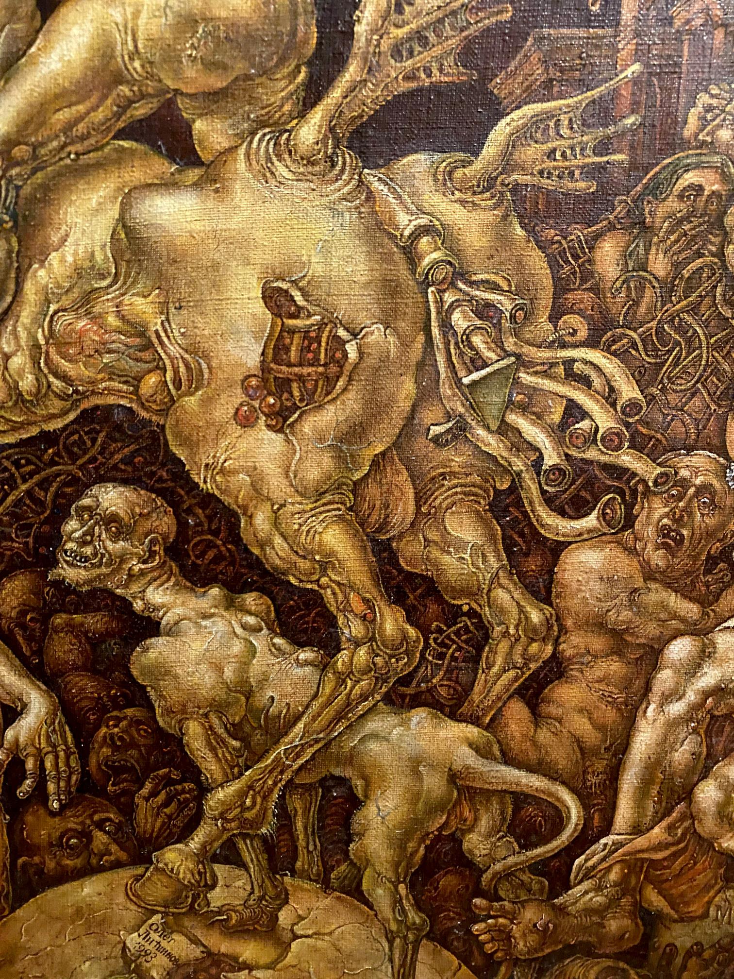 Oil painting The celebration of death by Oleg Litvinov: grotesque golden beast