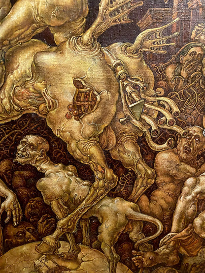 Oil painting The celebration of death by Oleg Litvinov: grotesque golden beast