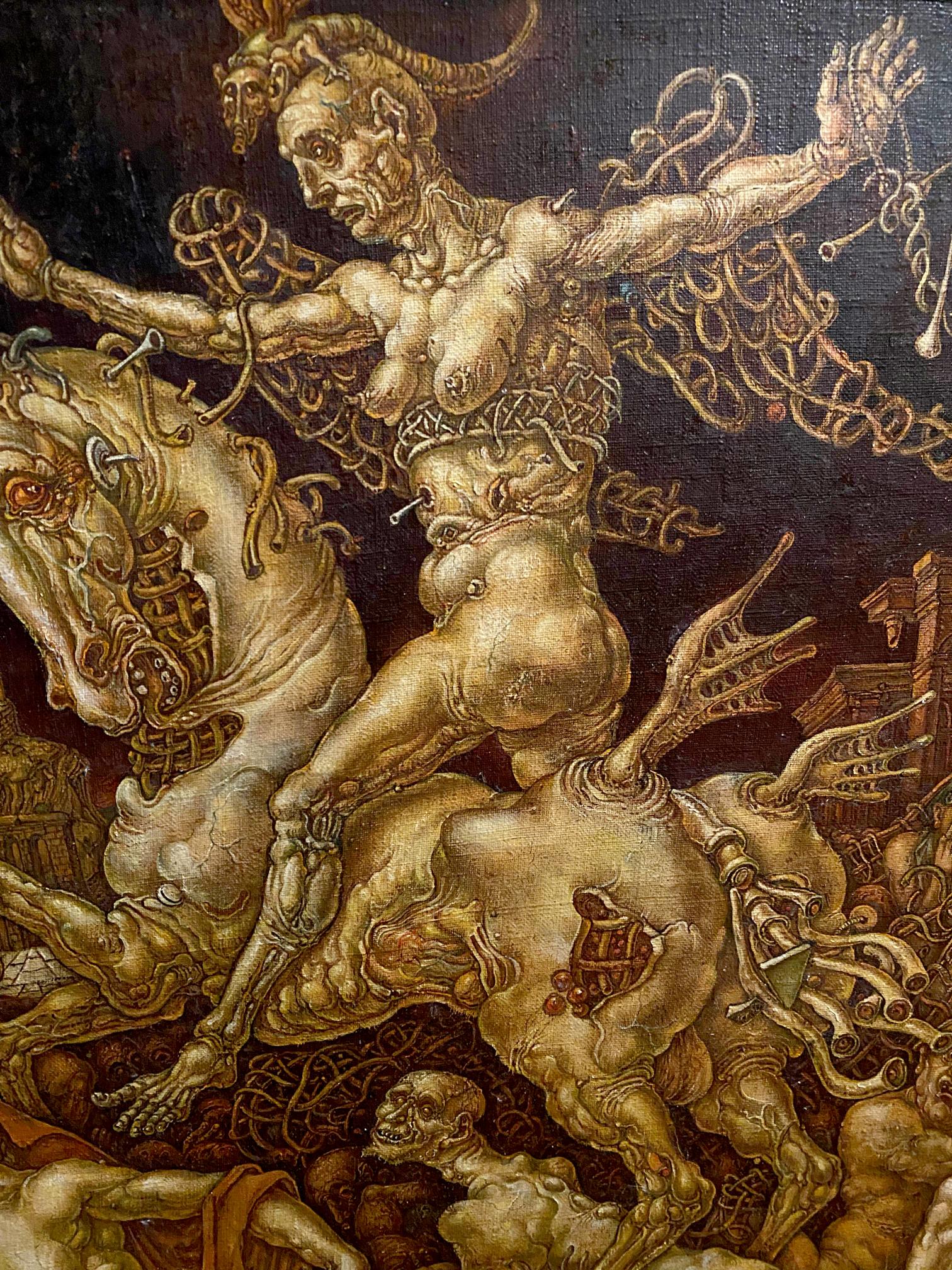 Grotesque horned figure on biomechanical beast by Oleg Litvinov oil painting